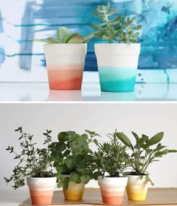 Vasos de plantas com pintura em degradê