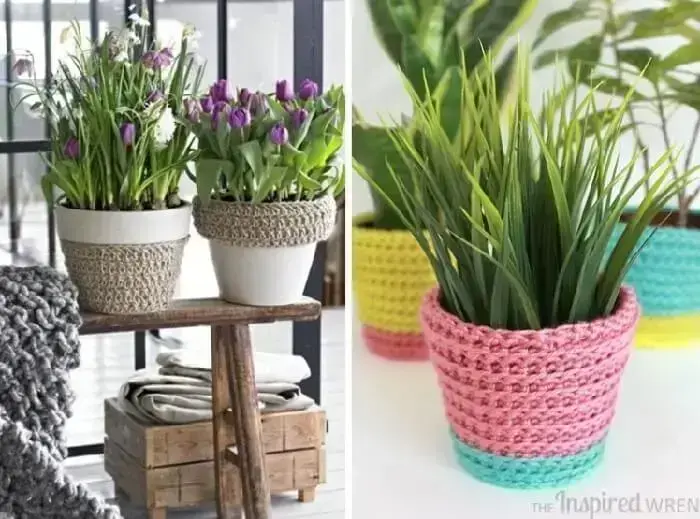 Vasos de plantas decorar com material de crochê
