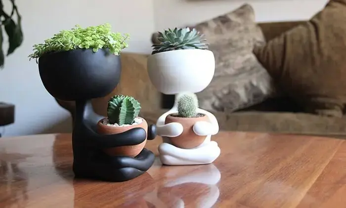 Vasos de plantas super criativo em tons de branco e preto