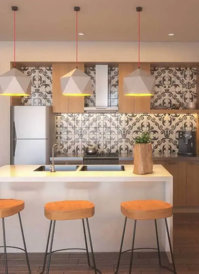 decoração para cozinha moderna com azulejo estampado Foto Mauricio Gebara Arquitetura