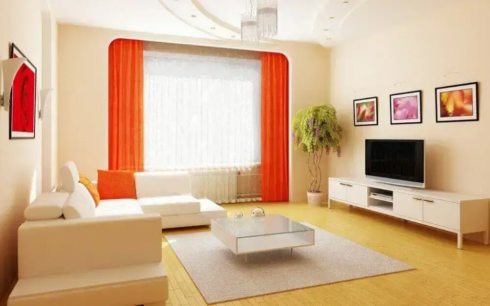 decoração simples para sala com cortina laranja
