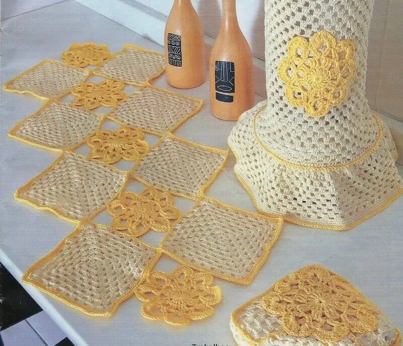 jogo de cozinha de crochê em barbante detalhes amarelos