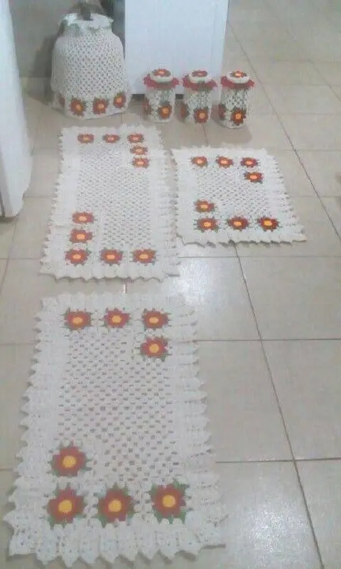 jogo de tapete de crochê para cozinha com flores