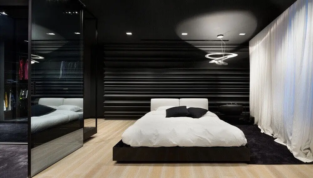 quarto preto com luminária para quarto moderno