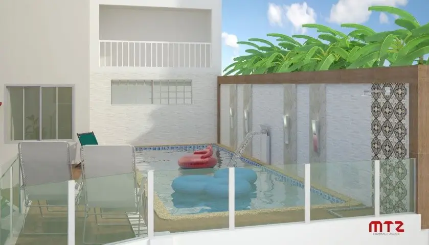 Área de lazer com piscina suspensa Projeto de Maria Tereza Zucoloto