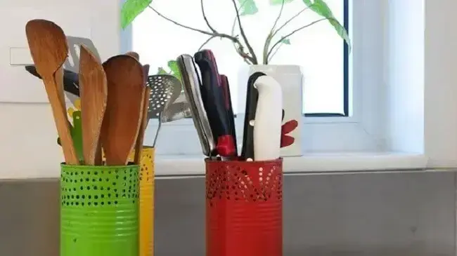 Artesanato para cozinha porta utensílios de cozinha feitos com latas decoradas