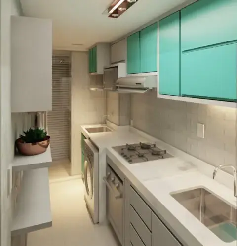 Cozinha com armários azul Tiffany Projeto Mariana Rodrigues