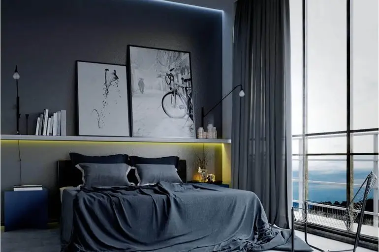 decoração moderna para quarto masculino cinza com iluminção led