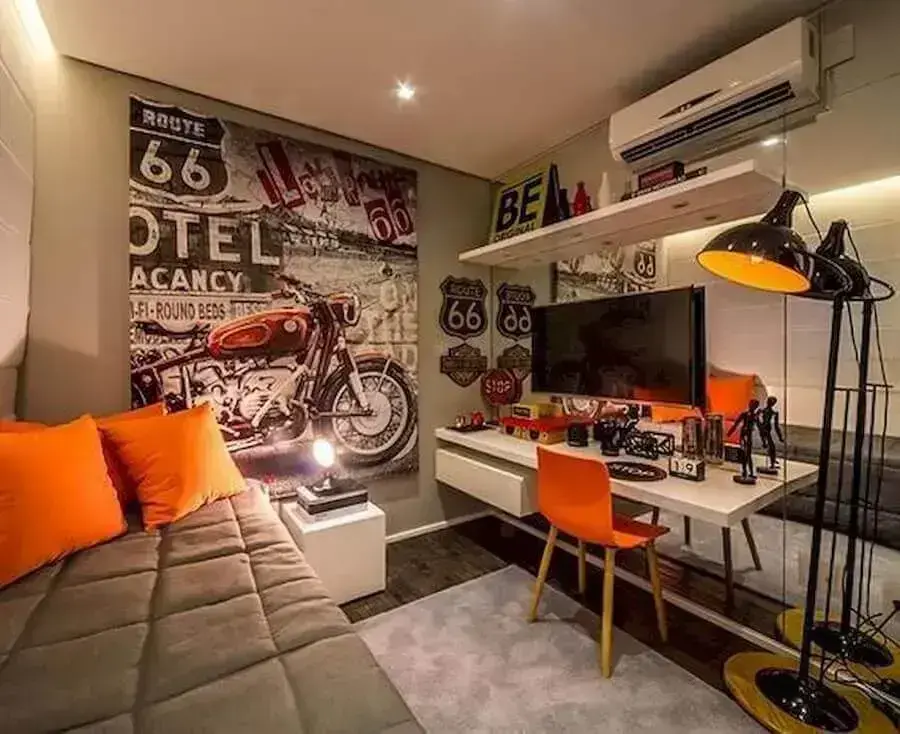 tons de cinza e laranja para decoração de quarto jovem masculino Foto Claudia Albertini Arquitetura