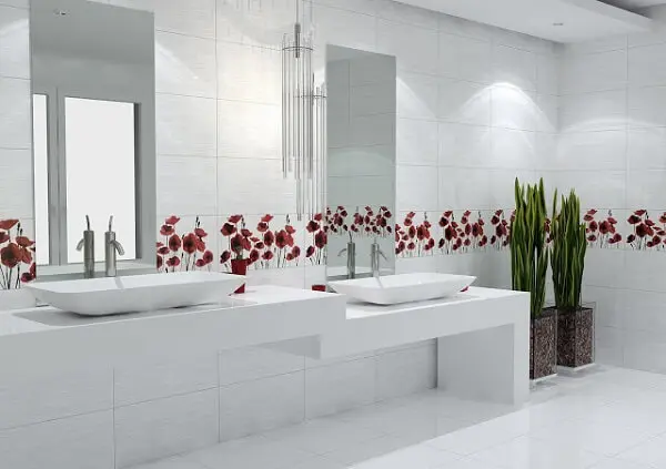 Decoração clean com azulejo para banheiro floral