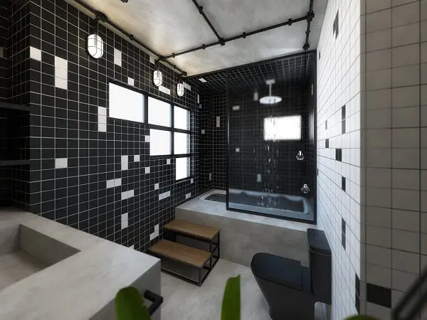 Decoração clássica com azulejo para banheiro em tons branco e preto