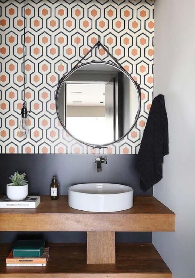 bancada de madeira para banheiro com cuba de porcelanato redonda Foto Pinterest
