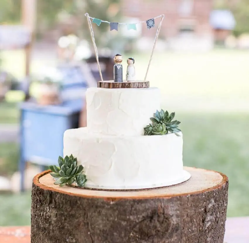 bolo de casamento branco com decoração simples com suculentas