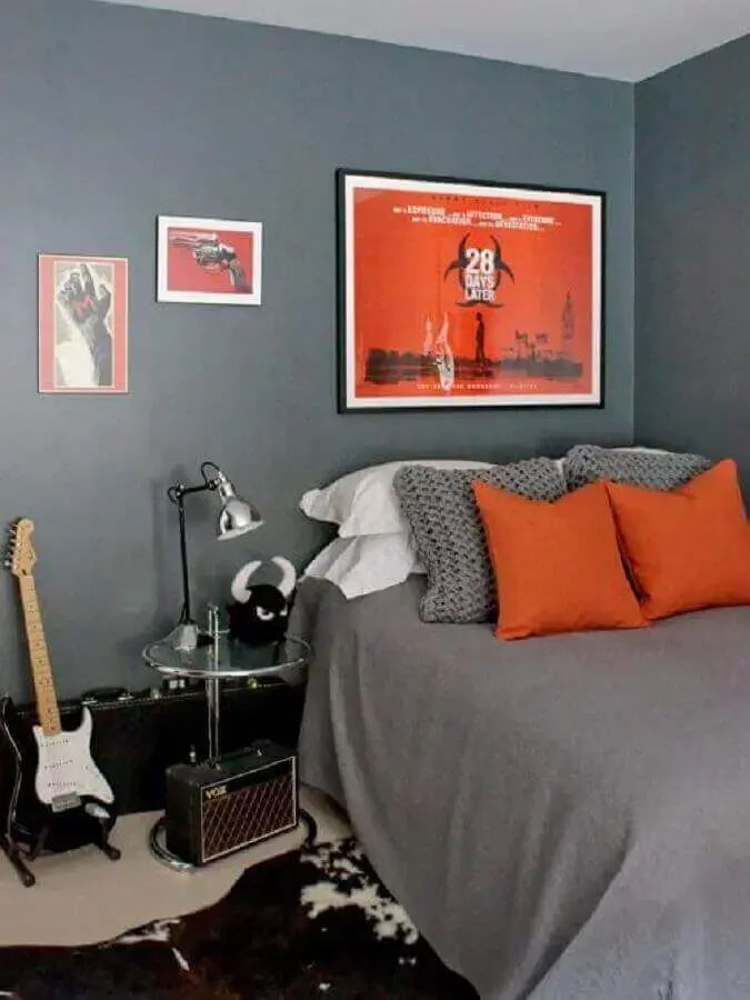 decoração de quarto em tons de cinza e laranja em cores de casas