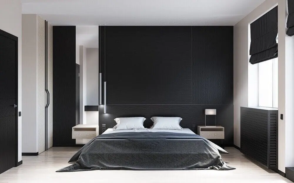 decoração de quarto minimalista com paredes pretas