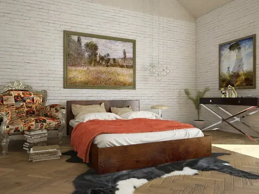 decoração de quarto rústico com cama de madeira pendente moderno e parede de tijolinho