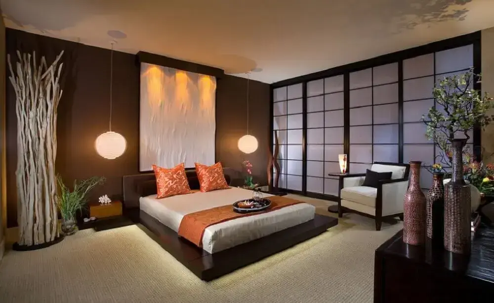 decoração estilo oriental para quarto com cama japonesa