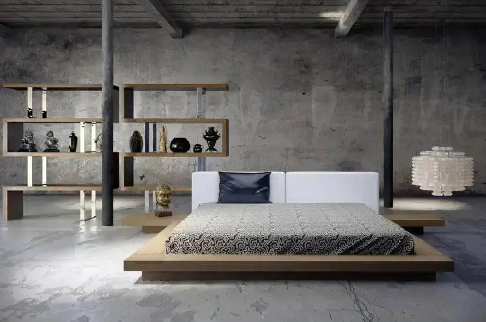 decoração industrial para quarto com cama de casal japonesa