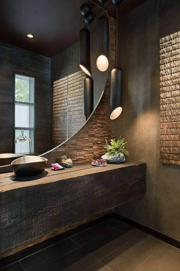 decoração moderna com bancada de madeira para banheiro com acabamento rústica Foto HomyFeed