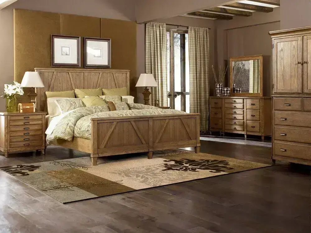 decoração quarto rústico com móveis de madeira e piso rústico