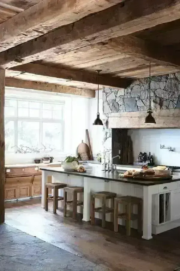 decoração rústica para cozinha com ilha branca