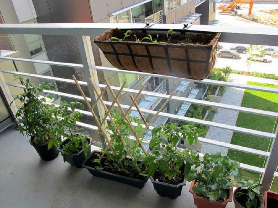 horta suspensa na varanda com fibras