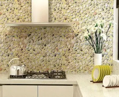 papel de parede 3d - cozinha com papel de parede 3d imitando pedras