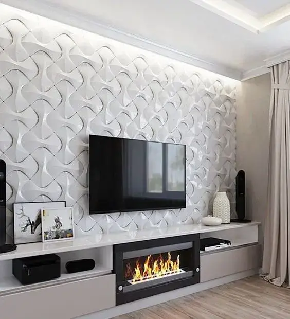 papel de parede 3d - painel de tv com papel de parede branco 3d
