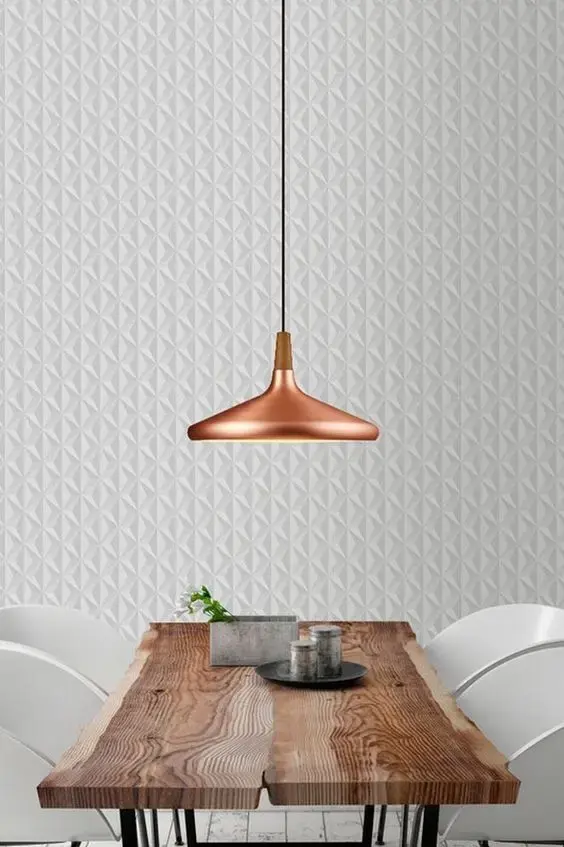 papel de parede 3d - sala de jantar com pendente e papel de parede branco simples