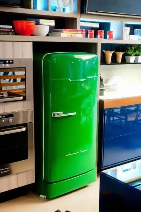 Cozinha com móveis azuis e geladeira colorida verde Projeto de Juliana Pippi