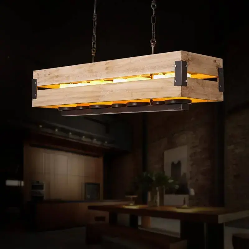 Luminária de madeira com formato de caixa e lâmpadas dentro