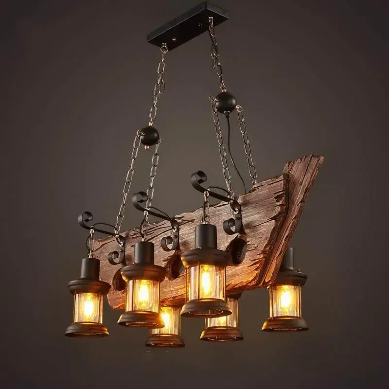 Luminária de madeira rústica com várias lâmpadas pequenas