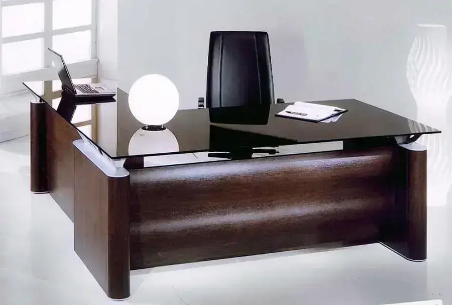 birô para escritório com tampo de vidro