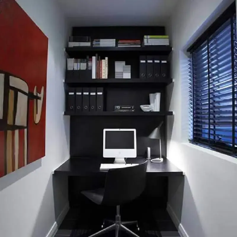 decoração em preto e branco para home office pequeno planejado