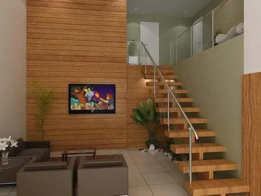escada de madeira para sala com corrimão de inox