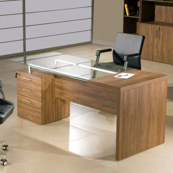 Mesa para escritório com gaveta e tampo de vidro