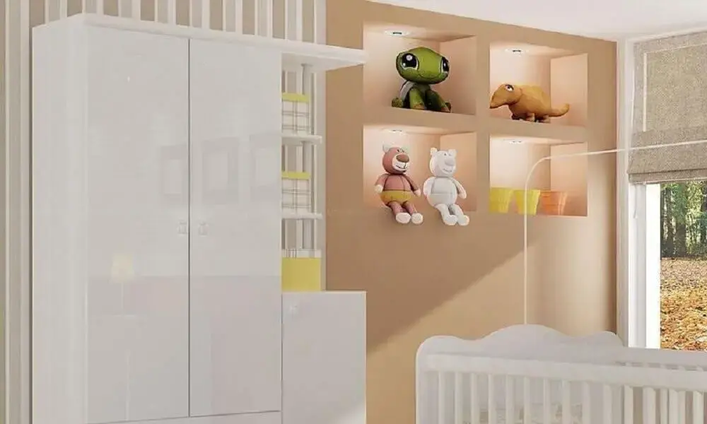 decoração com nichos para quarto de bebê com led e pelúcia
