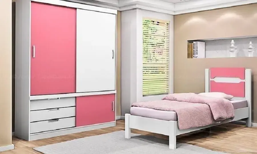 decoração quarto solteiro feminino decorado com guarda roupa solteiro branco e rosa