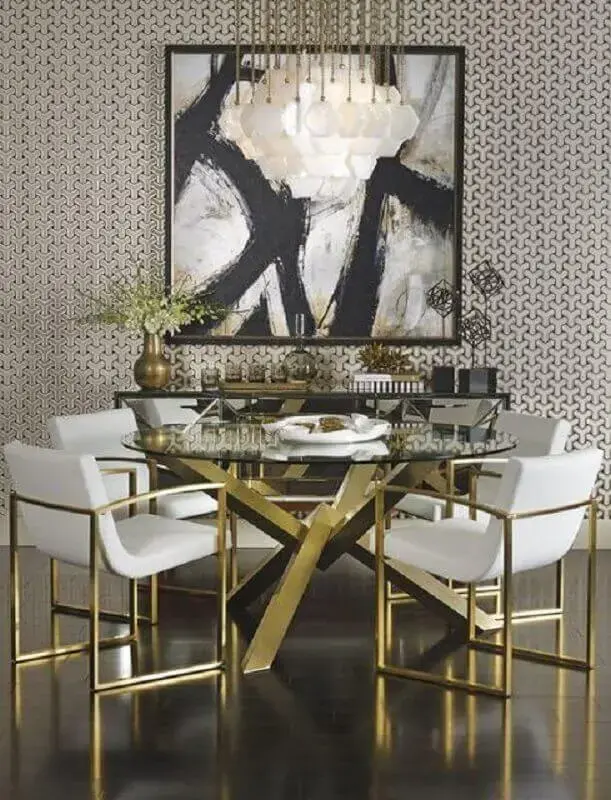 decoração sofisticada com base dourada para mesa redonda de vidro Foto Pinterest