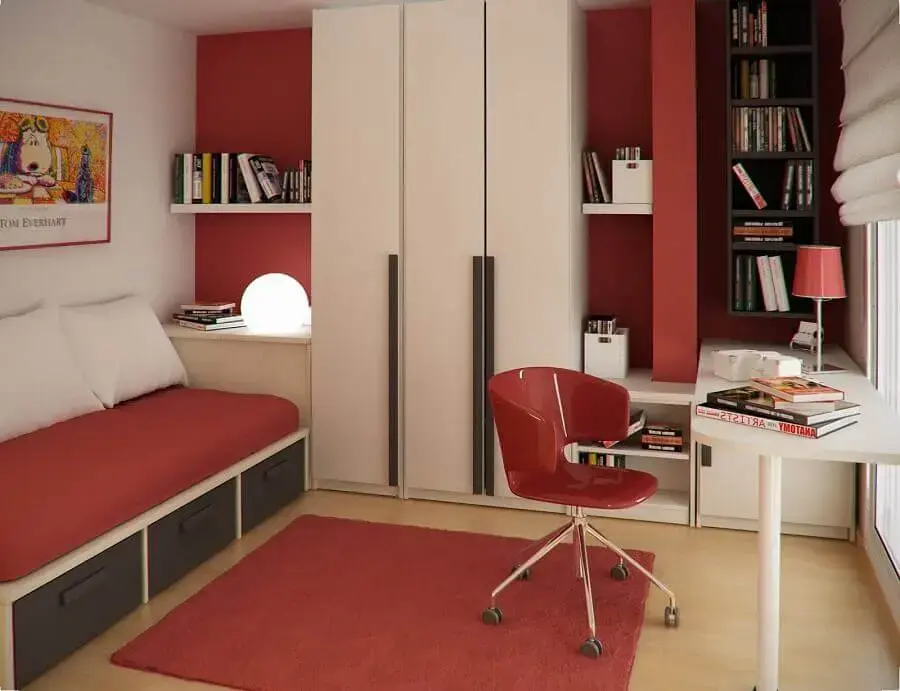 guarda roupa modulado solteiro para quarto com decoração branca e vermelha