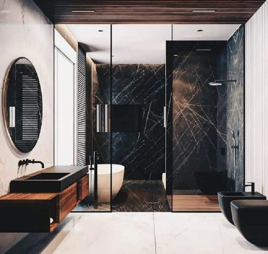 mármore preto para banheiro moderno decorado - Foto Pinterest