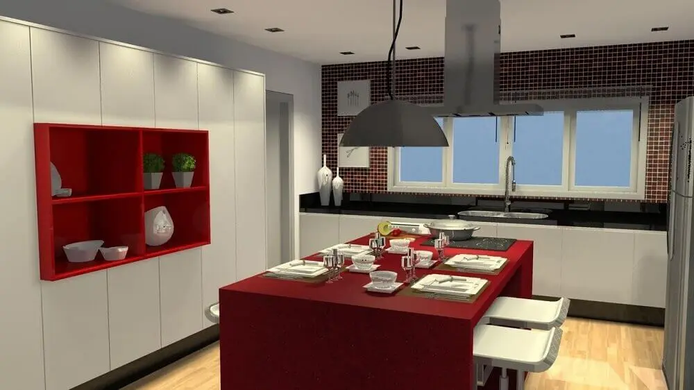 nichos vermelhos para cozinha com decoração toda branca