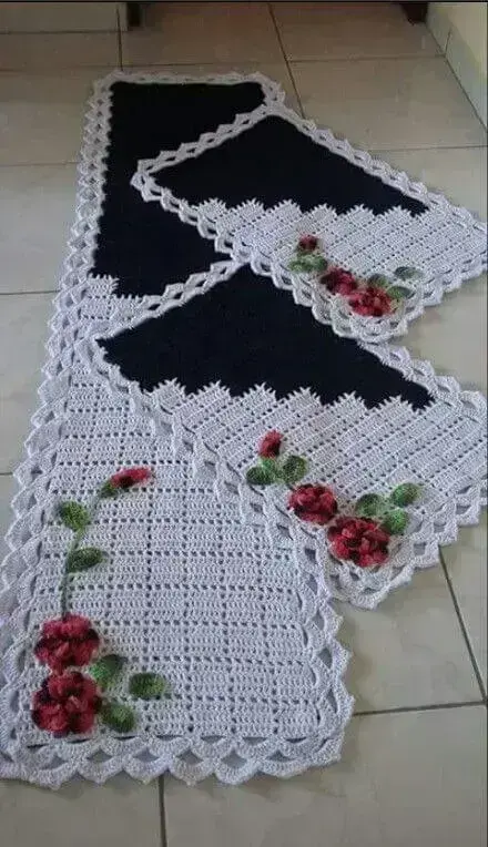 Jogo de tapete de crochê para cozinha preto e branco com flores Foto de Pinterest