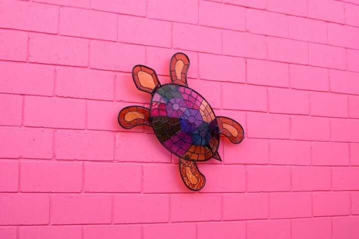 Parede em tons de rosa choque com tartaruga de vidro colorido Projeto de Brunete Fraccaroli