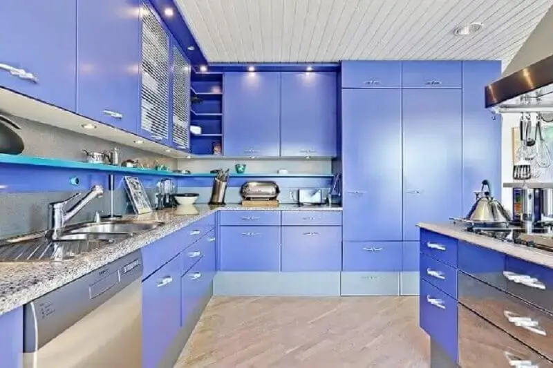 decoração cozinha moderna planejada com armário azul royal Foto Norbandys