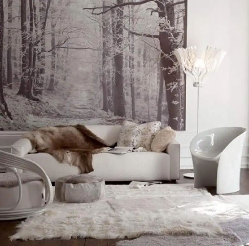 decoração hygge para sala de estar toda branca com painel atrás do sofá Foto Pinterest