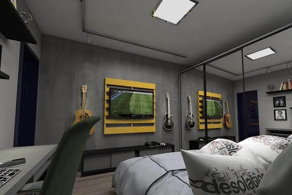 decoração moderna para quarto com painel para TV de pallet pintado de amarelo