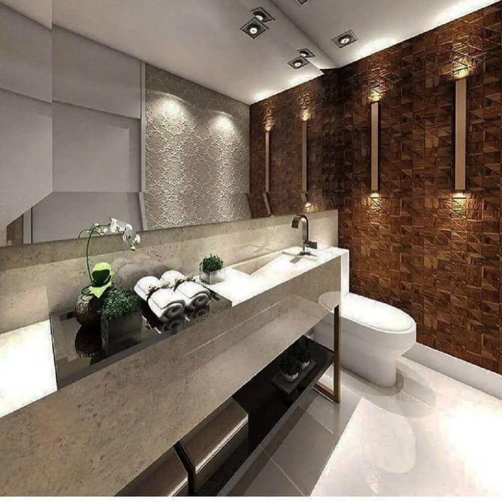 decoração para banheiro com papel de parede e pia esculpida em granito Foto Imagine Você Aqui