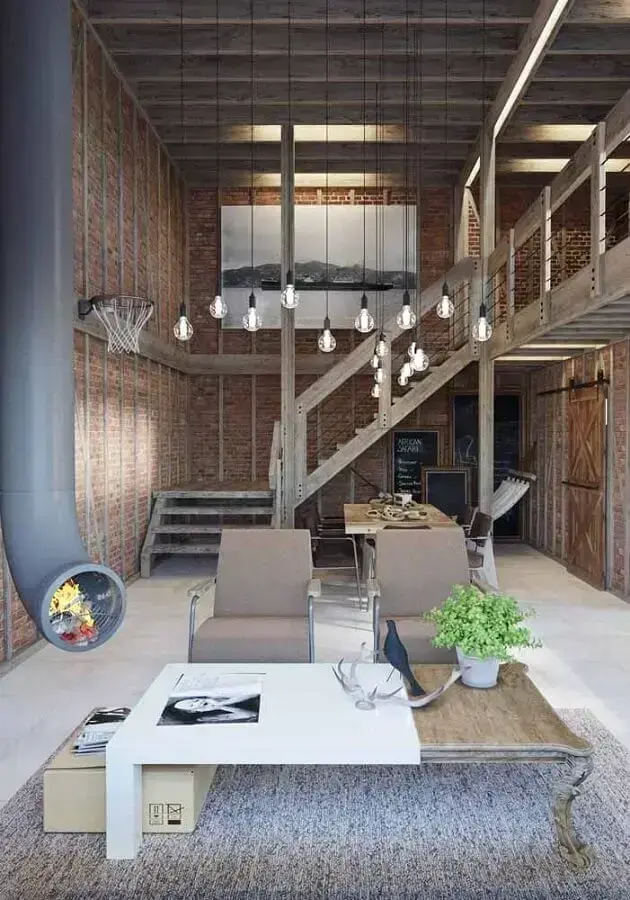 decoração para loft industrial com paredes de tijolinho e pendentes minimalista Foto Pinterest