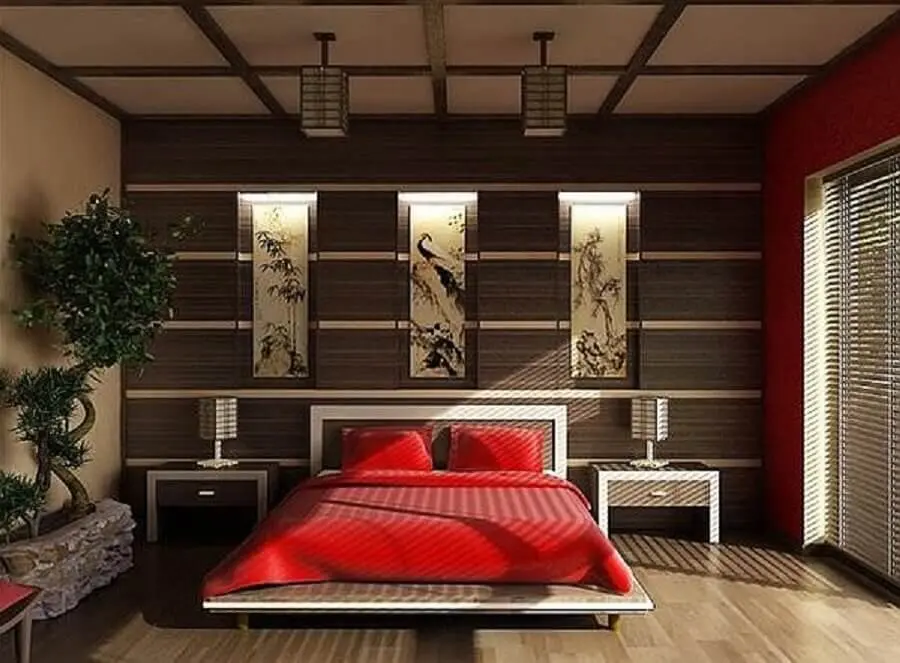 decoração para quarto com parede vermelha e cama japonesa - Foto biteinto
